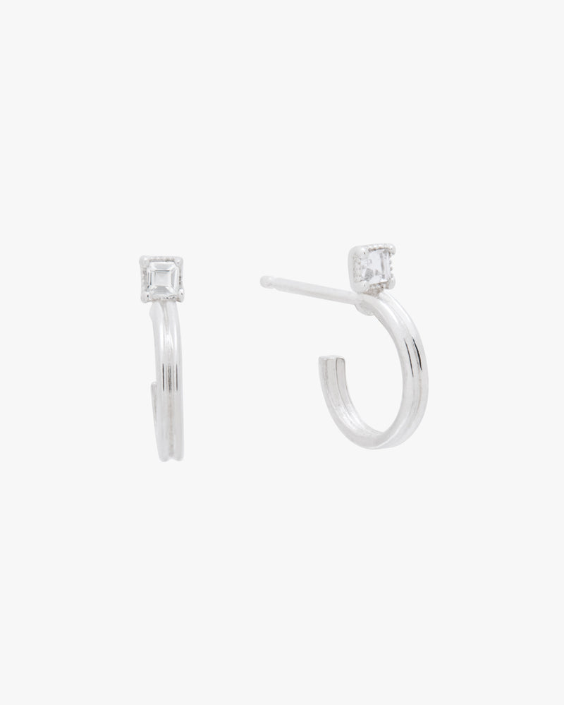 Silver White Topaz Half Hoop Earrings