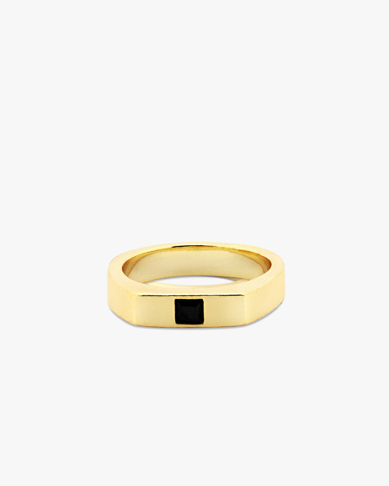 Black Onyx Stripe Signet Brass Ring
