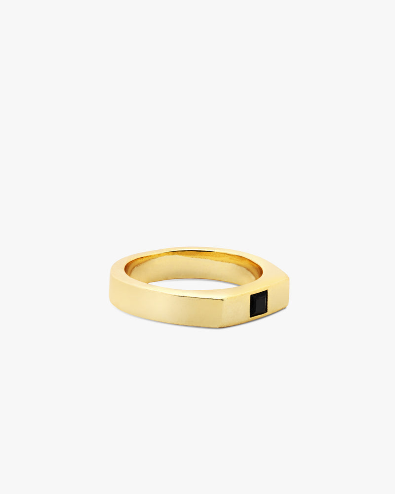 Black Onyx Stripe Signet Brass Ring